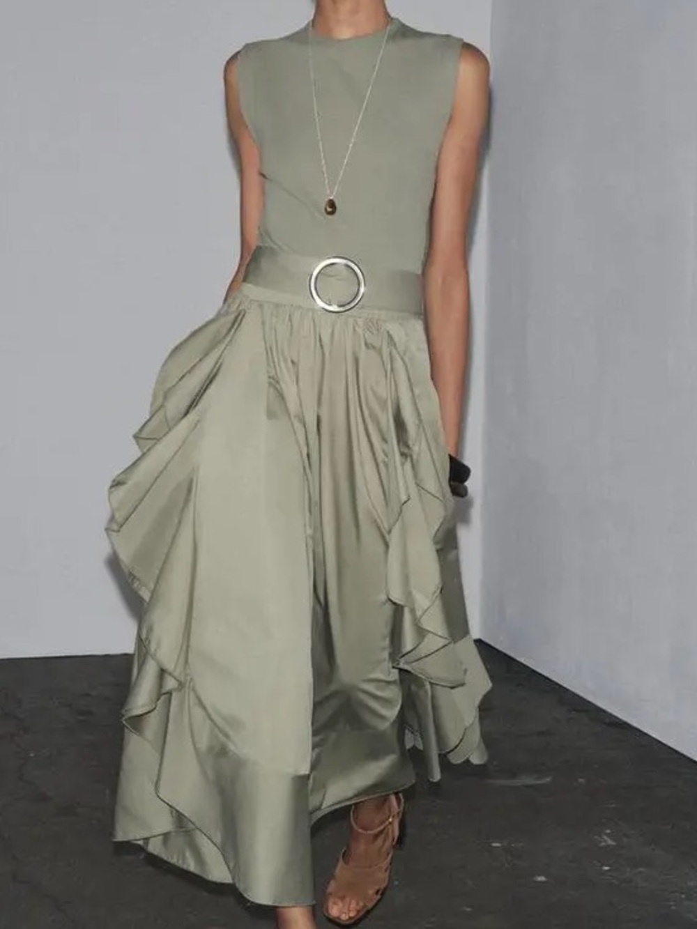 Zara NEW CottonCombined Midi Dress Sleeveless Belted Buckle Appliqué Moss Green